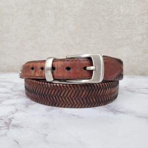 Men's Vintage Brown Leather Woven Belt with Silver Toned Buckle